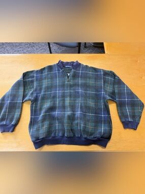 Van Heusen Navy & Green Plaid Zip-Up Sweater